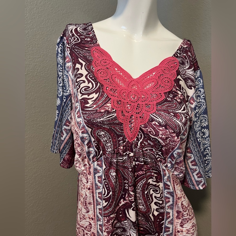 World Unity Women’s Multicolor Pink High - Low Short Sleeves Midi Dress Size L - Picture 2 of 11